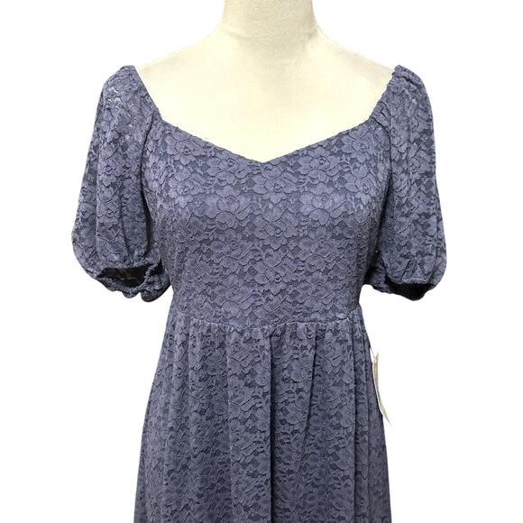 NSR Soft Lace Dress Hi-Low Hemline Puff Sleeves Fully Lined Navy Blue Medium NWT - Picture 2 of 9